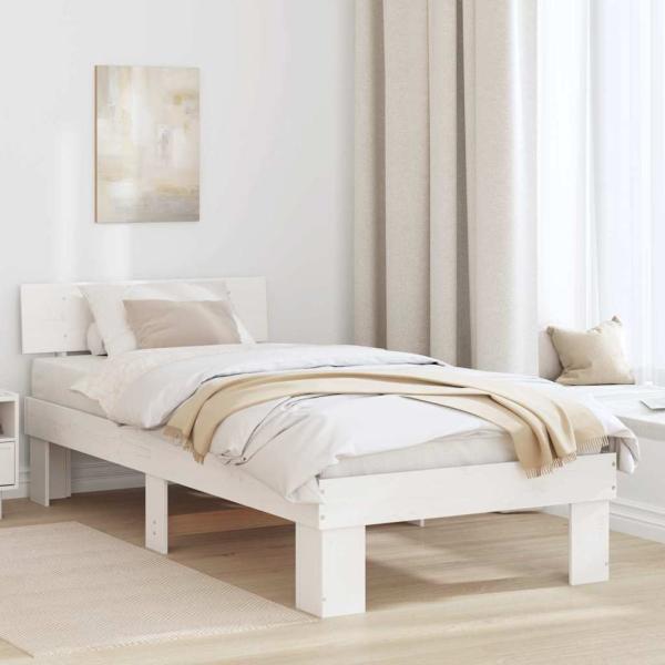 ARDEBO.de - Bettrahmen mit Kopfteil Weiß 100 x 200 cm Massives Kiefernholz