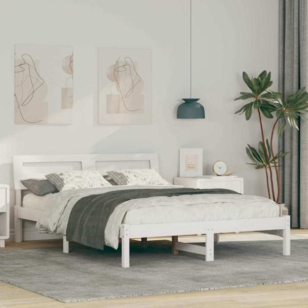 ARDEBO.de - Bettrahmen mit Kopfteil Weiß 135 x 190 cm Massives Kiefernholz