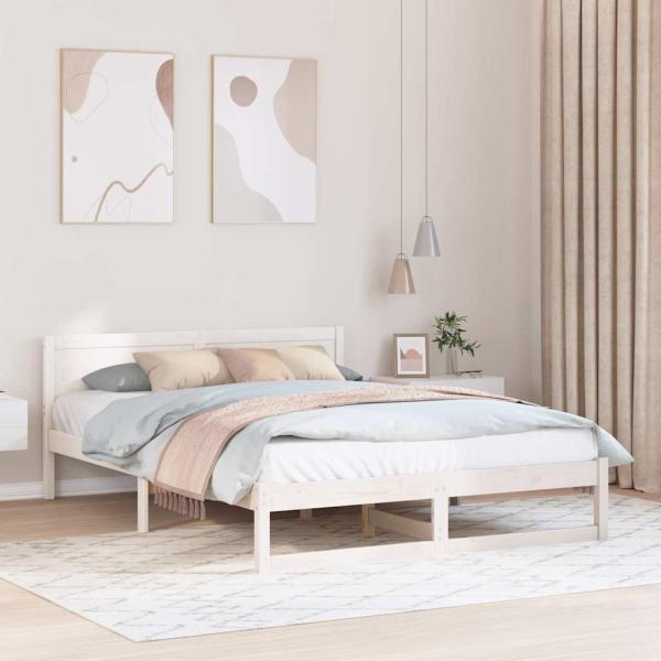 ARDEBO.de - Bettrahmen mit Kopfteil Weiß 150 x 200 cm Massives Kiefernholz
