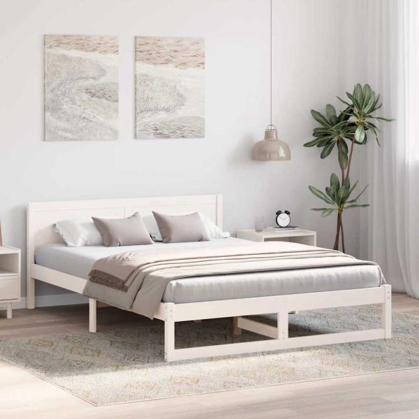 Bettrahmen mit Kopfteil Weiß 150 x 200 cm Massives Kiefernholz