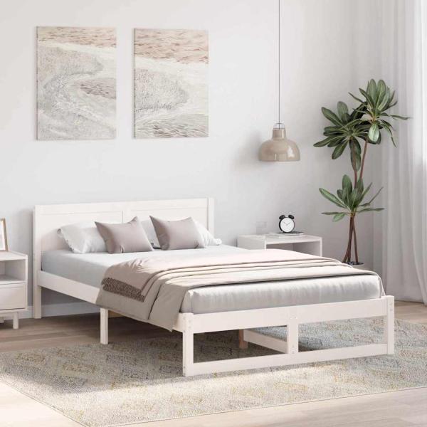 Bettrahmen mit Kopfteil Weiß 140 x 190 cm Massives Kiefernholz