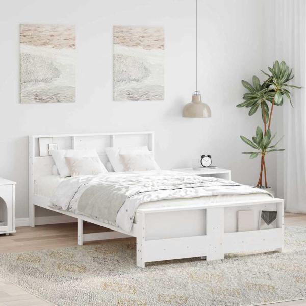 ARDEBO.de - Bettrahmen mit Regal Weiß 140 x 190 cm Massives Kiefernholz