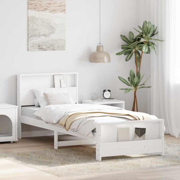 ARDEBO.de - Bettrahmen mit Regal Weiß 90 x 190 cm Massives Kiefernholz