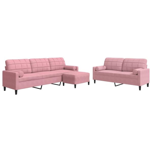 3-tlg. Sofagarnitur mit Kissen und Nackenrollen Rosa Samt