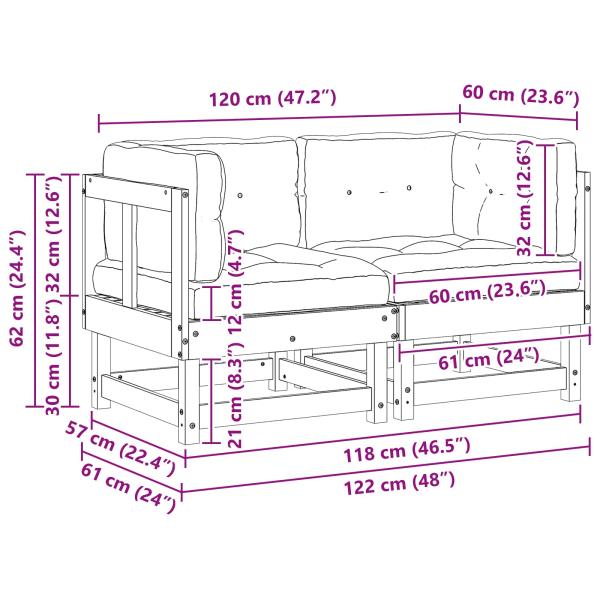 2 Stk. Gartenecksofa Massives Kiefernholz Wachsbraun