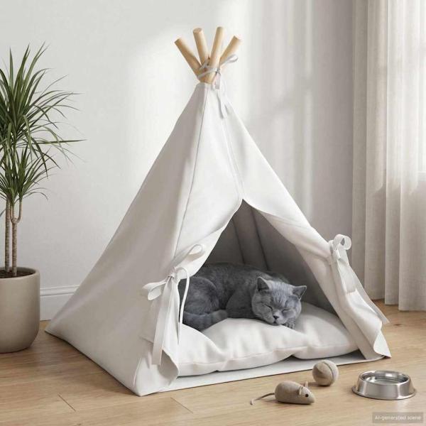 ARDEBO.de - Haustier-Tipi mit Kissen Weiß 50 x 50 x 60 cm Polyester