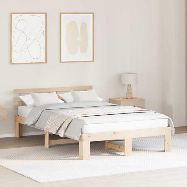 ARDEBO.de - Bettrahmen mit Kopfteil Natur 135 x 190 cm Massives Kiefernholz