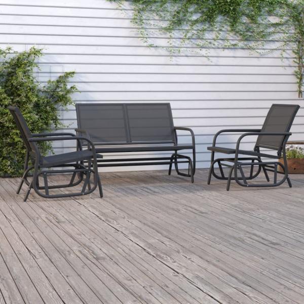 ARDEBO.de - 3-tlg. Garten-Lounge-Set Schaukel Schwarz Textilene und Stahl