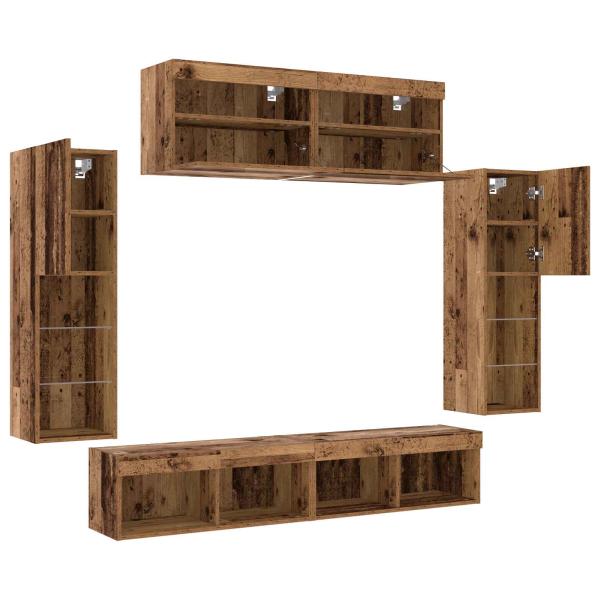 TV-Schrankset mit LED-Lichtleisten 6 pcs Altholz Holzwerkstoff