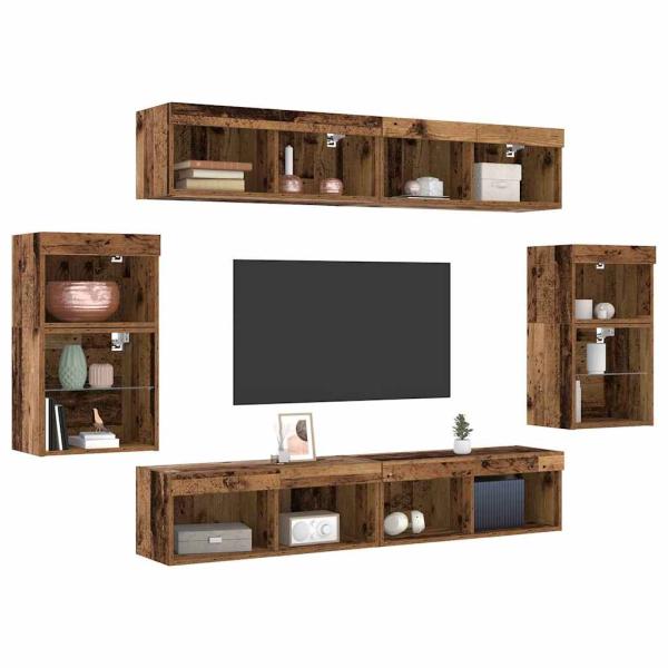 TV-Schrankset mit LED-Lichtleisten 8 pcs Altholz Holzwerkstoff