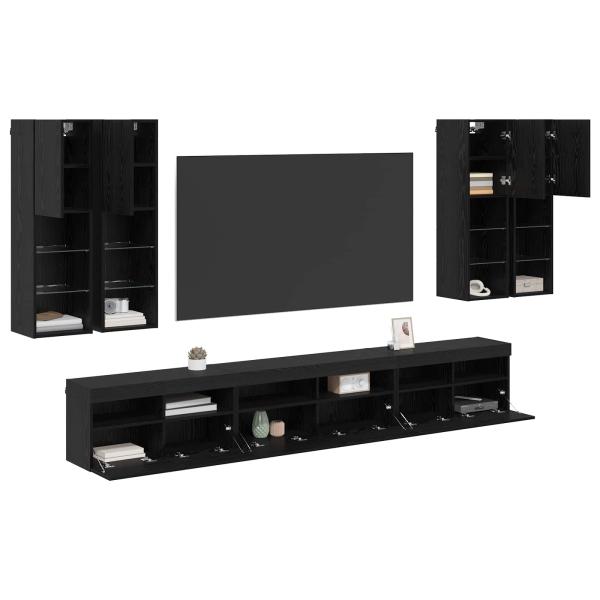 TV-Wandregal-Set 7 stk. Schwarz Eichen-Optik Holzwerkstoff