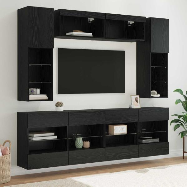 ARDEBO.de - TV Wandmöbel Set mit LED 6 Stk. Schwarz Eiche Holzwerkstoff