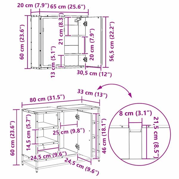 Badezimmermöbel-Set 3 stk. Altholz 80 x 33 x 60 cm