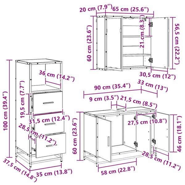 Badezimmermöbel-Set 3 stk. Altholz 90 x 33 x 60 cm