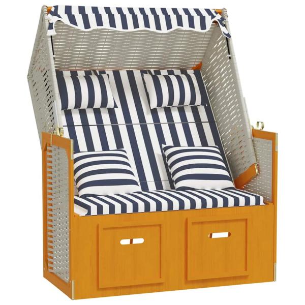 Strandkorb mit Kissen Poly Rattan & Massivholz Weiß & Blau