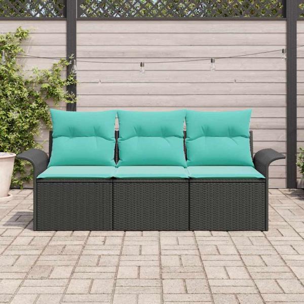 Sofa Set mit Kissen 3 pcs Schwarz und Blau Poly-Rattan
