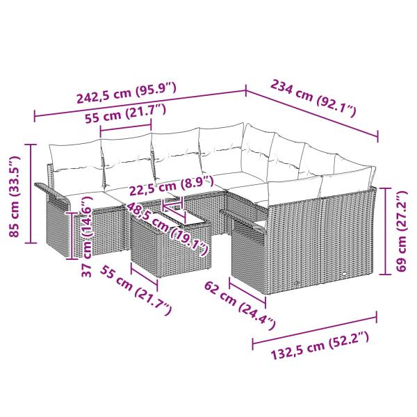 Gartensofa-set mit Kissen 9 pcs Schwarz Poly-Rattan