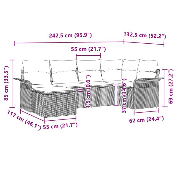 Gartensofa-set mit Kissen 6 pcs Schwarz Poly-Rattan