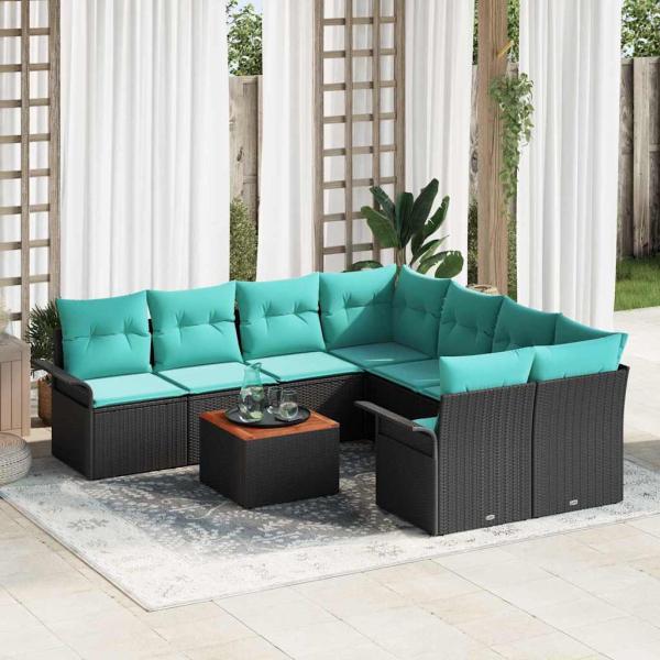 ARDEBO.de - Gartensofa-set mit Kissen 9 pcs Schwarz Poly-Rattan