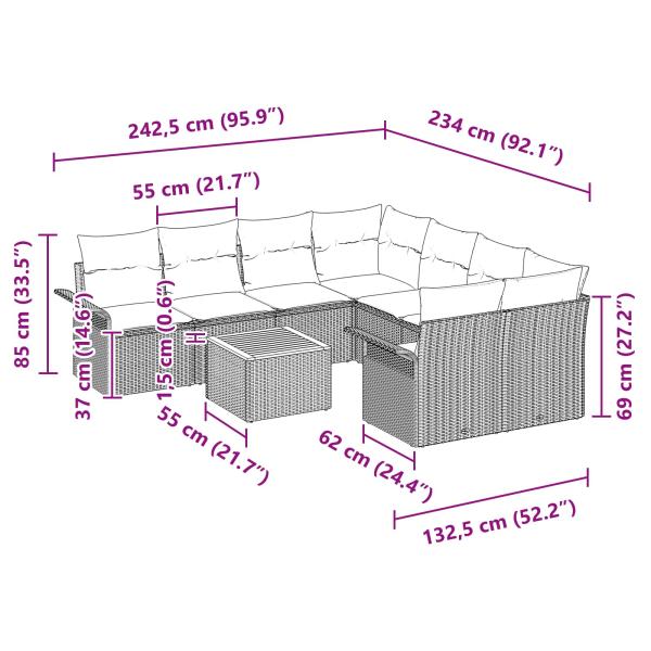 Gartensofa-set mit Kissen 9 pcs Schwarz Poly-Rattan