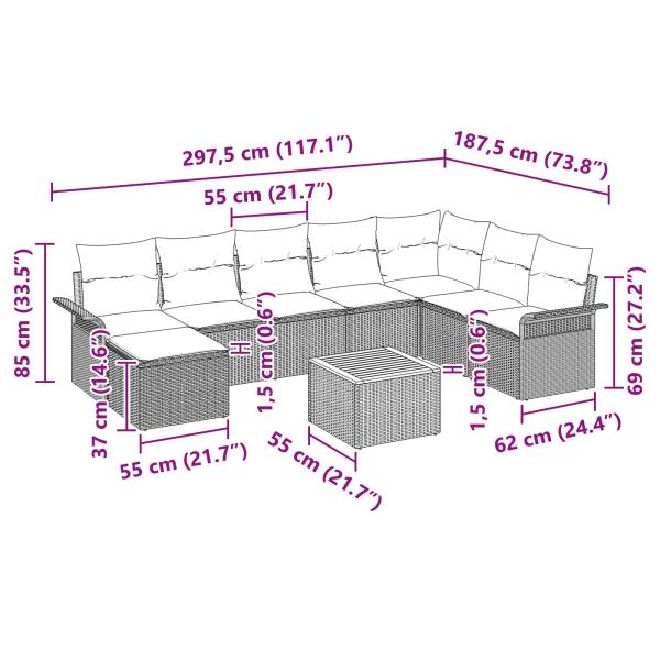 Gartensofa-set mit Kissen 9 pcs Schwarz Poly-Rattan