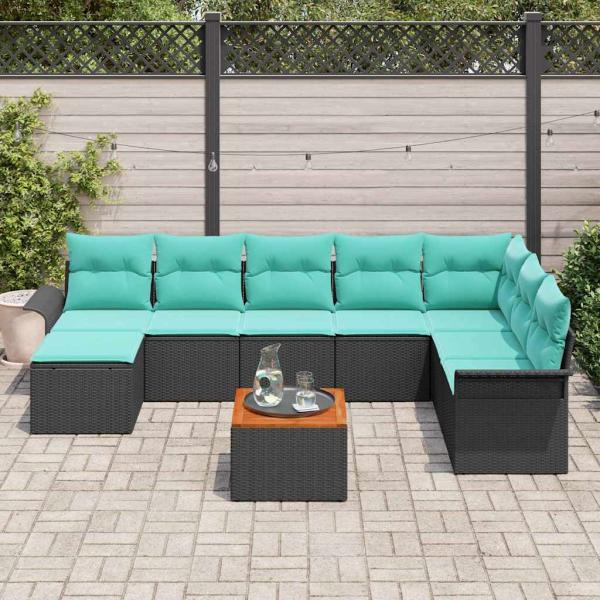 Gartensofa-set mit Kissen 9 pcs Schwarz Poly-Rattan