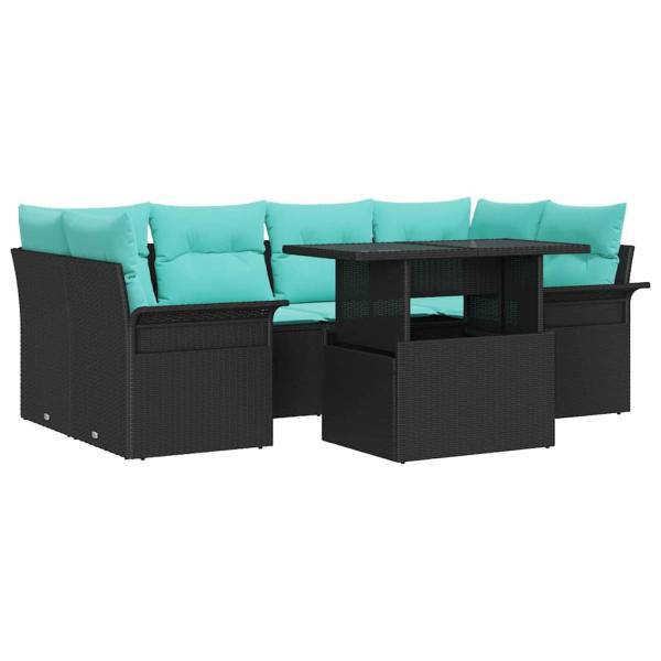 Garten-Sofa-Set mit Kissen 7 pcs Schwarz Poly Rattan