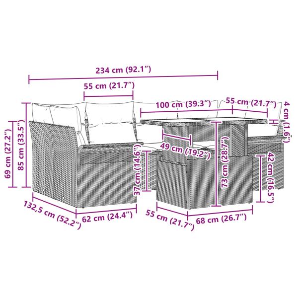 Garten-Sofa-Set mit Kissen 7 pcs Schwarz Poly Rattan