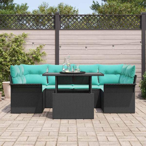 Garten-Sofa-Set mit Kissen 7 pcs Schwarz Poly Rattan