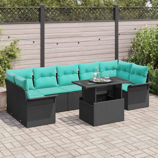 ARDEBO.de - Garten-Sofa-Set mit Kissen 8 pcs Schwarz Poly Rattan