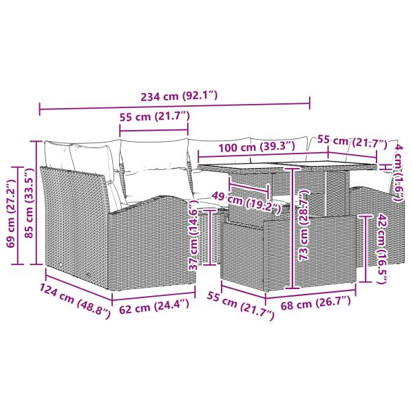 Gartensofa-set mit Kissen 7 pcs Braun Poly-Rattan