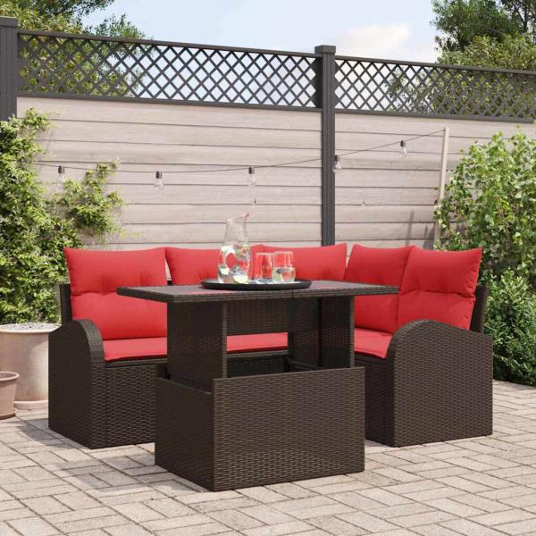 ARDEBO.de - Gartensofa-set mit Speicher 5 pcs Braun und Rot Poly-Rattan