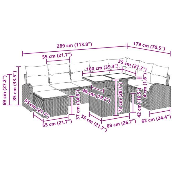 Gartensofa-set mit Speicher 9 pcs Braun und Rot Poly-Rattan