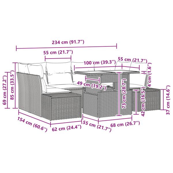 Sofa Set mit Kissen 7 pcs Braun und Rot Poly-Rattan