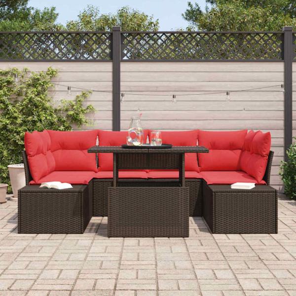 Sofa Set mit Kissen 7 pcs Braun und Rot Poly-Rattan