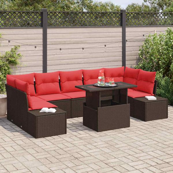 ARDEBO.de - Gartensofa-set mit Kissen 8 pcs Braun und Rot Poly-Rattan