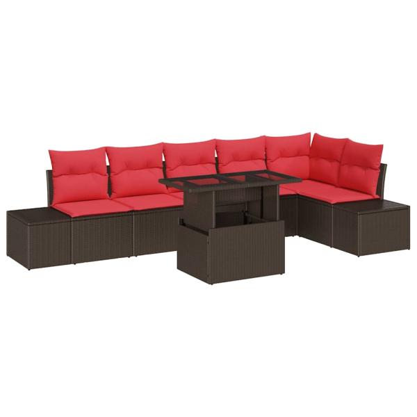 Gartensofa-set mit Kissen 7 pcs Braun und Rot Poly-Rattan