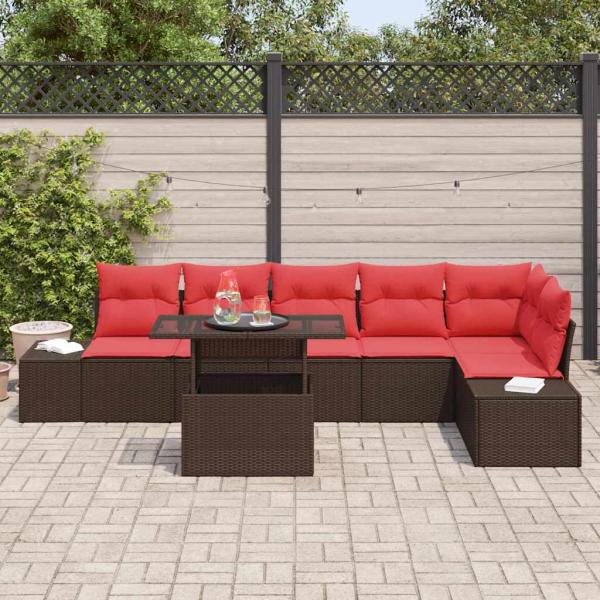 Gartensofa-set mit Kissen 7 pcs Braun und Rot Poly-Rattan