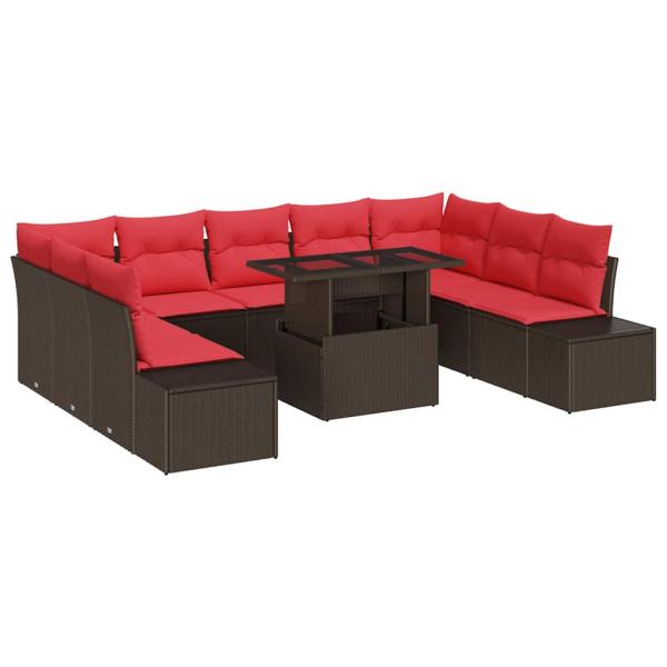 Gartensofa-set 10 stk. Braun und Rot Poly-Rattan