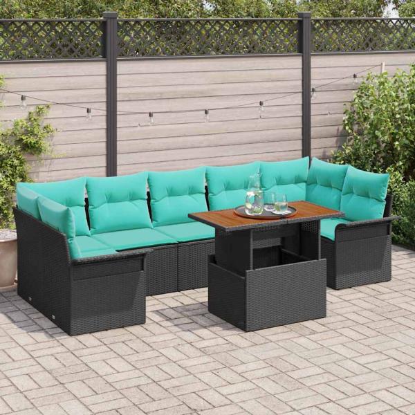 ARDEBO.de - Gartensofa-set mit Kissen 8 pcs Schwarz und Blau Poly-Rattan