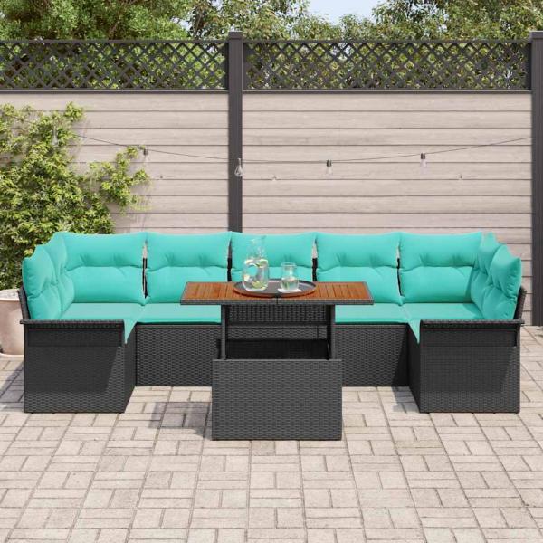 Gartensofa-set mit Kissen 8 pcs Schwarz und Blau Poly-Rattan