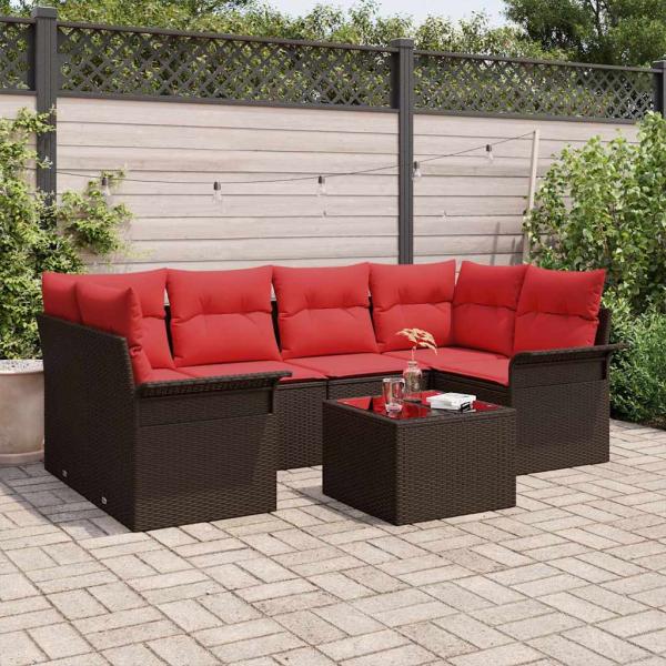 ARDEBO.de - Gartensofa-set mit Kissen 7 pcs Beige und Rot Poly-Rattan