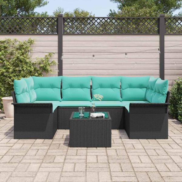 Gartensofa-set mit Kissen 7 pcs Schwarz und Türkis Poly-Rattan