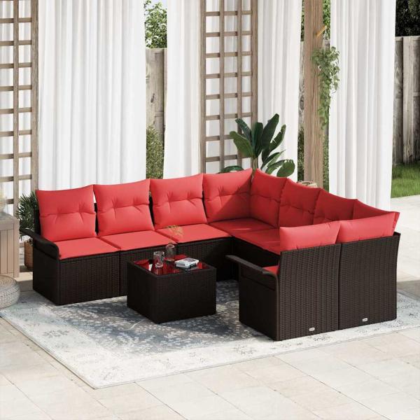 ARDEBO.de - Gartensofa-set mit Kissen 9 pcs Beige und Rot Poly-Rattan
