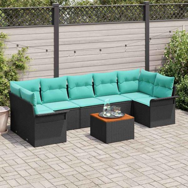 ARDEBO.de - Gartensofa-set 8 pcs Schwarz und Türkis Poly-Rattan