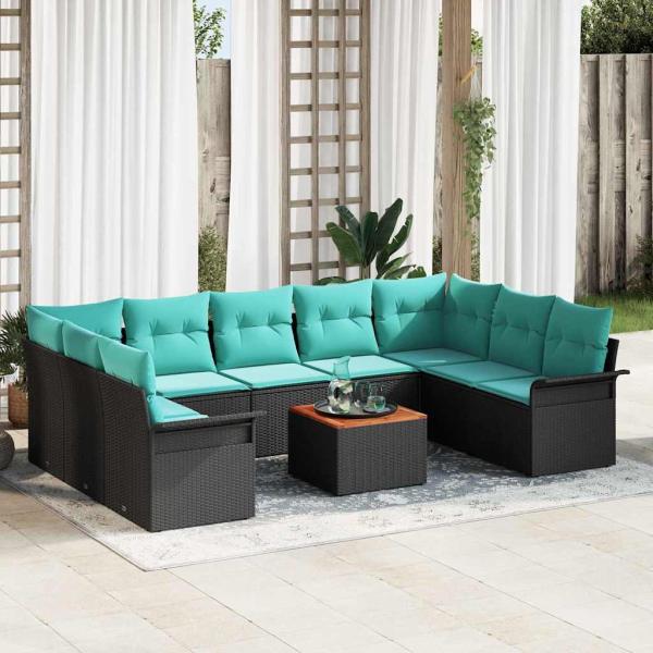 ARDEBO.de - Gartensofa-set 10 pcs Schwarz und Türkis Poly-Rattan