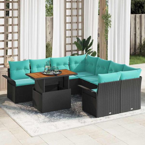 ARDEBO.de - Garten-Sofa-Set mit Speicher 9 pcs Schwarz Poly Rattan