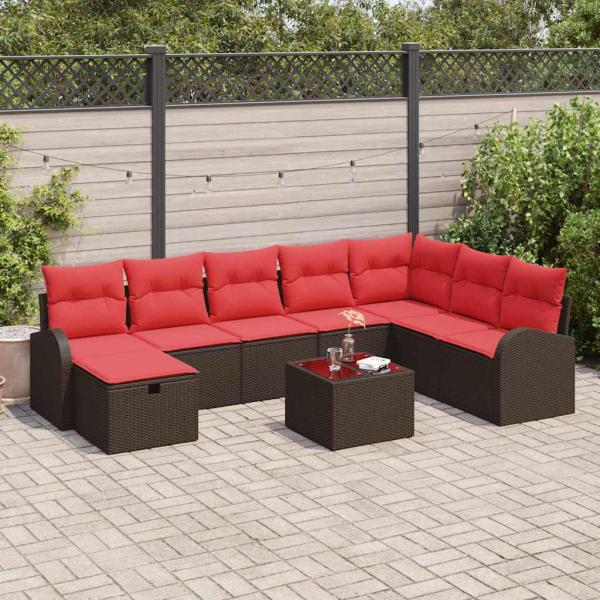ARDEBO.de - Sofa Set 9 stk. 8-Sitzanzahl Braun und Rot Poly-Rattan