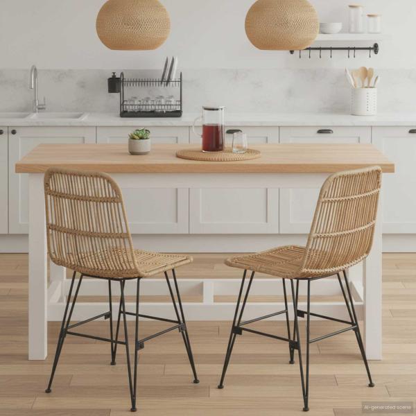 Esststuhl 2 Stk. Rattan und Stahl Natur 41 x 55 x 85 cm