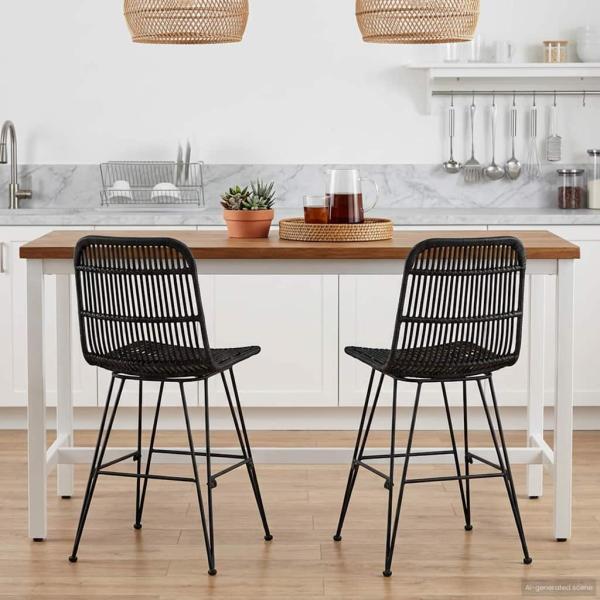 Esststuhl 2 stk. Rattan und Stahl Schwarz 41 x 55 x 85 cm
